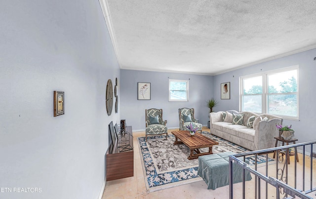 living room with crown molding, a textured ceiling, and a healthy amount of sunlight