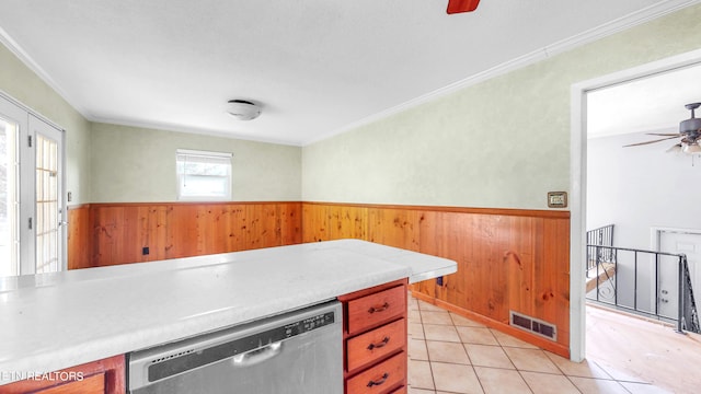 kitchen featuring dishwasher, ceiling fan, and ornamental molding