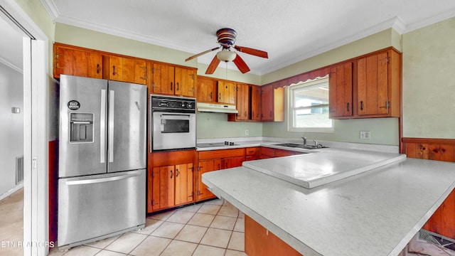 kitchen featuring wall oven, black electric cooktop, kitchen peninsula, stainless steel refrigerator with ice dispenser, and ceiling fan