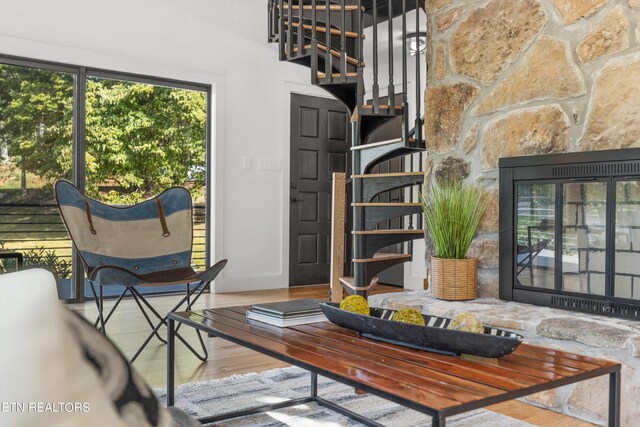 interior space featuring hardwood / wood-style floors and a stone fireplace