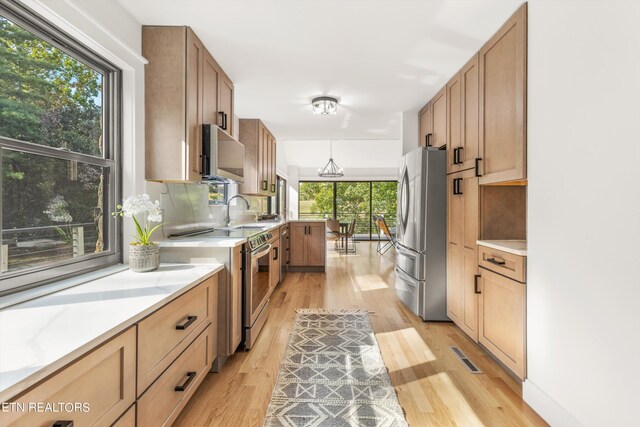 kitchen with sink, hanging light fixtures, stainless steel appliances, decorative backsplash, and light wood-type flooring