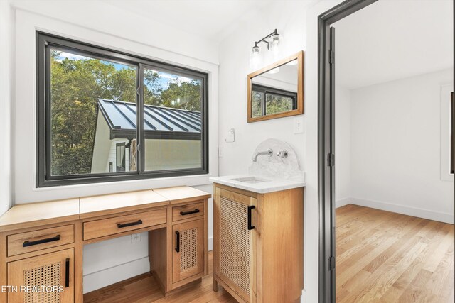 bathroom featuring vanity and wood-type flooring