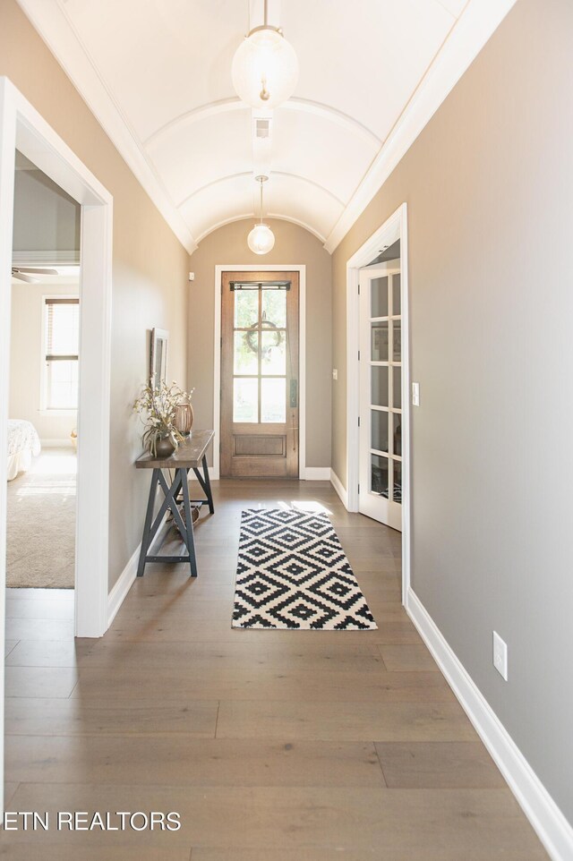 doorway to outside with lofted ceiling and wood-type flooring