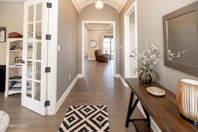 hallway with dark wood-type flooring