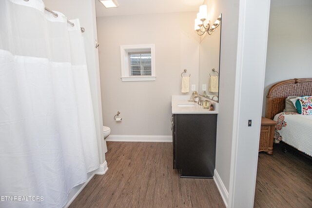 bathroom with vanity, toilet, and wood-type flooring