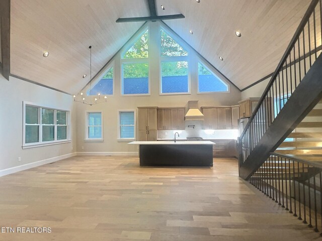 unfurnished living room featuring sink, high vaulted ceiling, wooden ceiling, and light hardwood / wood-style floors