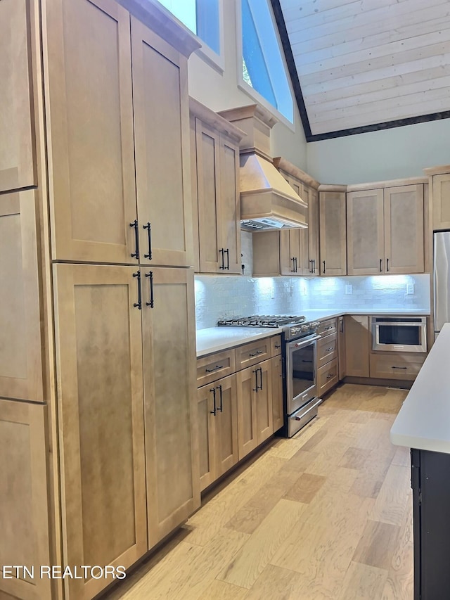 kitchen featuring high vaulted ceiling, premium range hood, stainless steel appliances, and tasteful backsplash