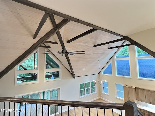 details with wood ceiling, a chandelier, and beamed ceiling