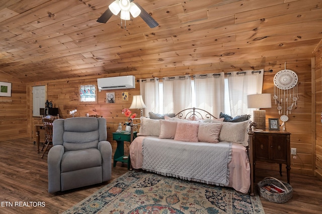 bedroom featuring a wall mounted AC, wood walls, dark hardwood / wood-style floors, wood ceiling, and ceiling fan