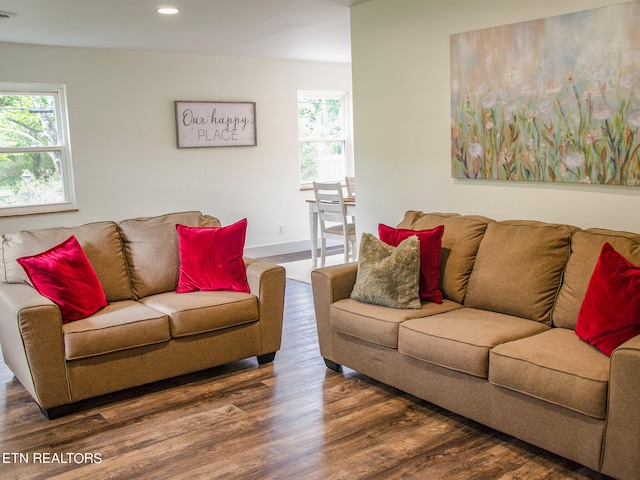 living room featuring a healthy amount of sunlight, baseboards, wood finished floors, and recessed lighting