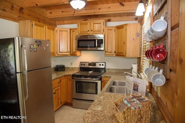 kitchen featuring wood ceiling, light stone counters, stainless steel appliances, and sink