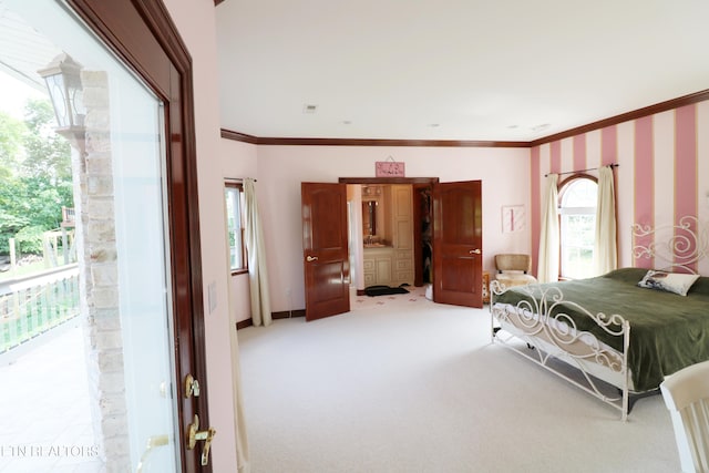 bedroom featuring crown molding, carpet, and multiple windows