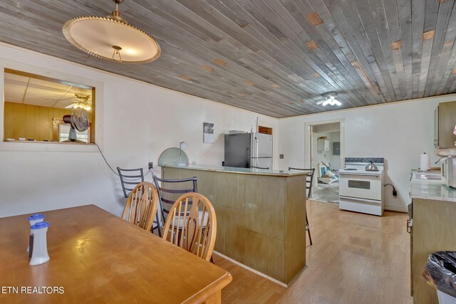 kitchen featuring white range with electric stovetop, wooden ceiling, freestanding refrigerator, light countertops, and light wood-style floors