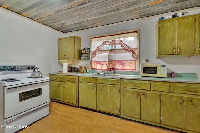 kitchen with white appliances, wooden ceiling, light countertops, light wood-type flooring, and a sink