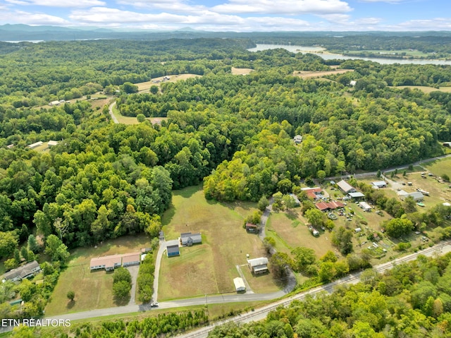 birds eye view of property featuring a water view and a view of trees