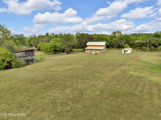 view of yard with a storage shed, a view of trees, and an outdoor structure