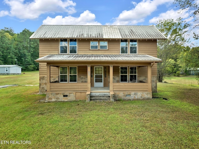 view of front of home with crawl space, metal roof, a porch, and a front yard