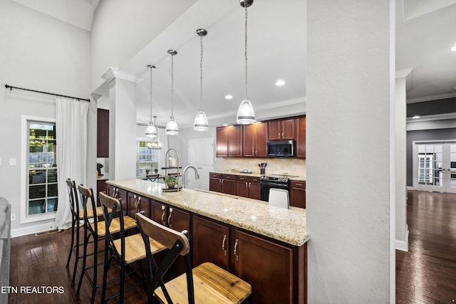 kitchen featuring a sink, dark wood finished floors, stainless steel microwave, electric stove, and ornamental molding