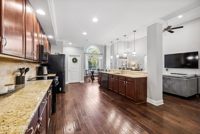 kitchen with decorative backsplash, dark wood finished floors, a sink, open floor plan, and black appliances