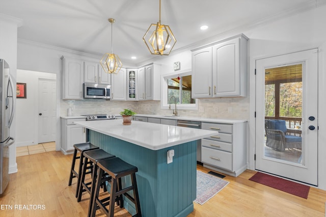 kitchen with a wealth of natural light, light hardwood / wood-style flooring, a kitchen island, and appliances with stainless steel finishes