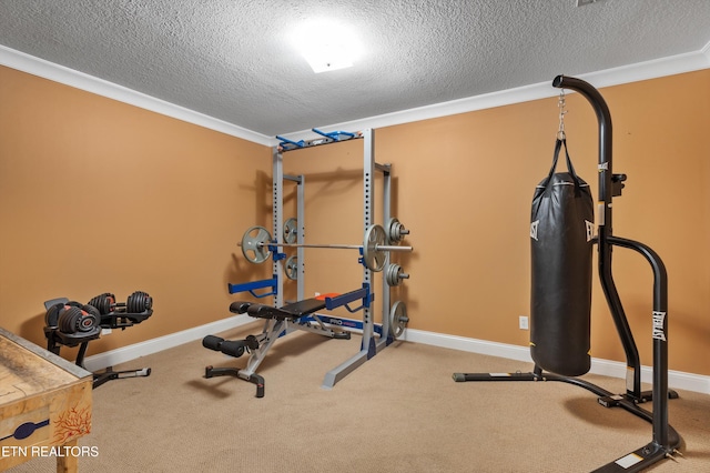 workout room with carpet flooring, a textured ceiling, and crown molding