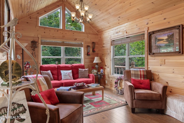 living room with high vaulted ceiling, a chandelier, wood walls, wood-type flooring, and wooden ceiling