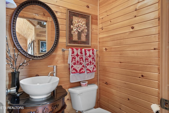 bathroom featuring wood walls, toilet, and vanity