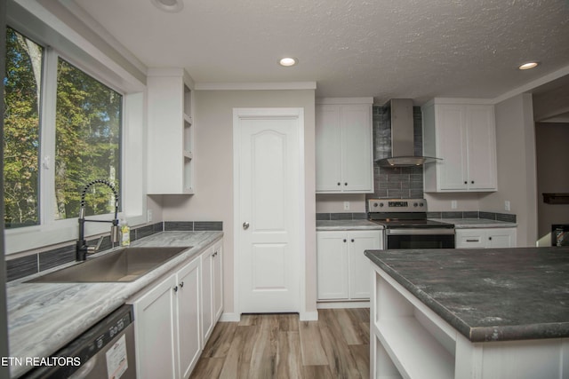 kitchen with wall chimney exhaust hood, white cabinets, sink, and stainless steel appliances