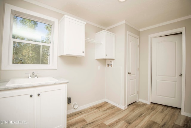 laundry area featuring light hardwood / wood-style floors, sink, and ornamental molding