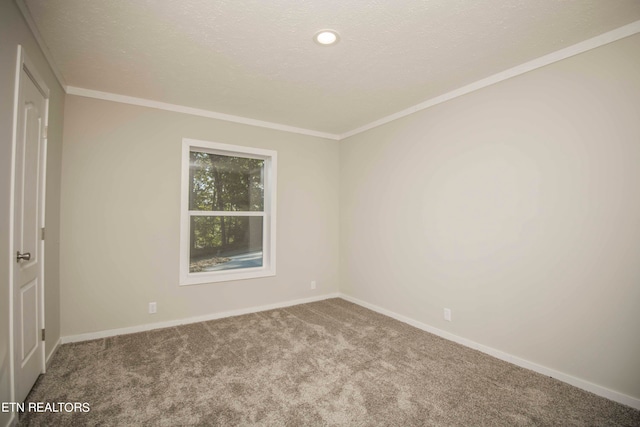 empty room with carpet, ornamental molding, and a textured ceiling