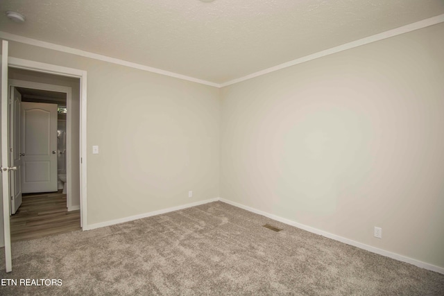 carpeted empty room with crown molding and a textured ceiling