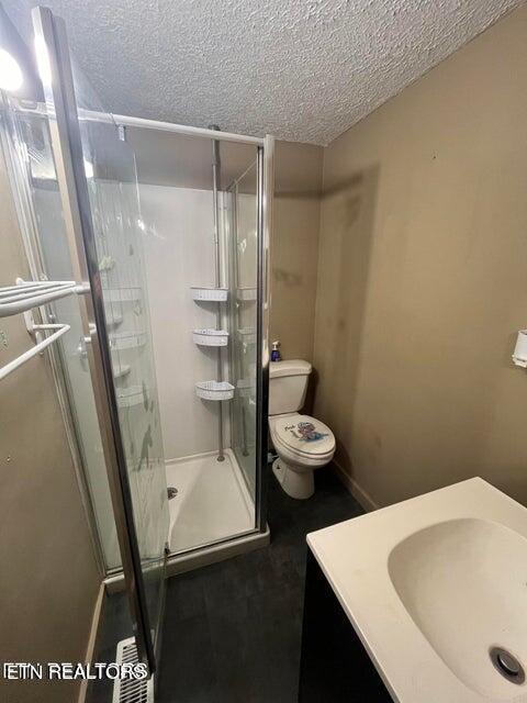 bathroom with a textured ceiling, vanity, a shower stall, and toilet