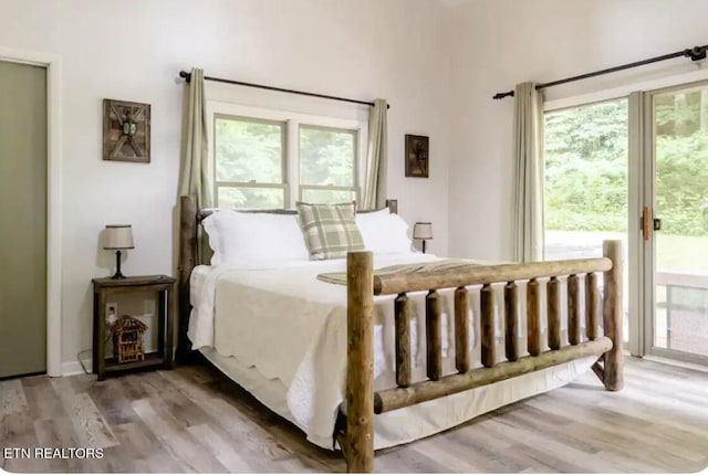 bedroom with access to exterior, light hardwood / wood-style flooring, and multiple windows