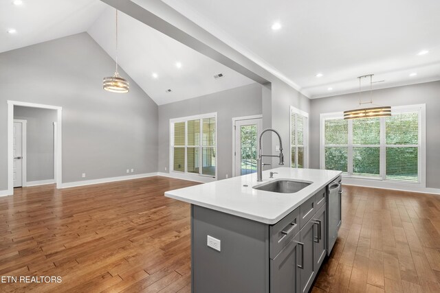 kitchen with a kitchen island with sink, wood-type flooring, sink, gray cabinetry, and decorative light fixtures