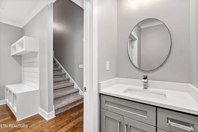 bathroom with vanity, wood-type flooring, and ornamental molding