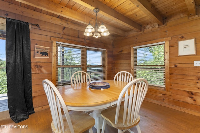 dining space with beamed ceiling, a healthy amount of sunlight, and wood walls