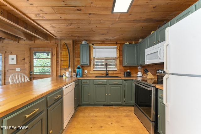 kitchen with sink, wooden ceiling, wood counters, light hardwood / wood-style floors, and white appliances