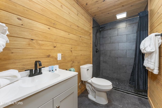 bathroom with wooden ceiling, walk in shower, and wooden walls