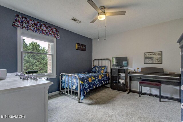 bedroom featuring ceiling fan, carpet, and a textured ceiling