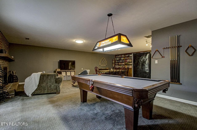 game room with baseboards, billiards, visible vents, and carpet flooring