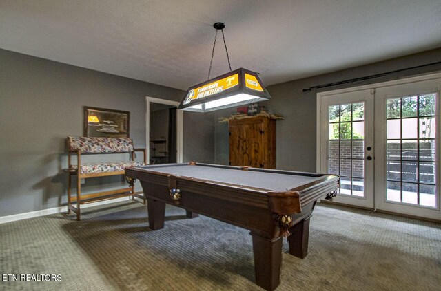 playroom with carpet flooring, pool table, a textured ceiling, and french doors