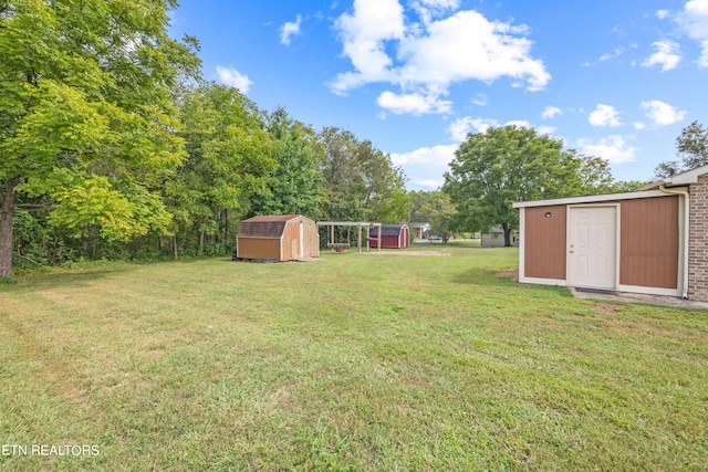 view of yard featuring a storage unit