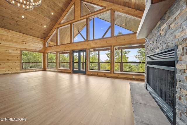 unfurnished living room with a fireplace, wood-type flooring, wood ceiling, high vaulted ceiling, and wooden walls