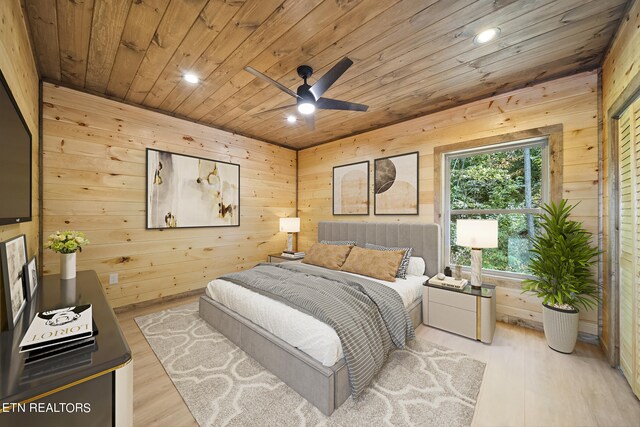 bedroom featuring wood walls, ceiling fan, wood ceiling, and light hardwood / wood-style floors