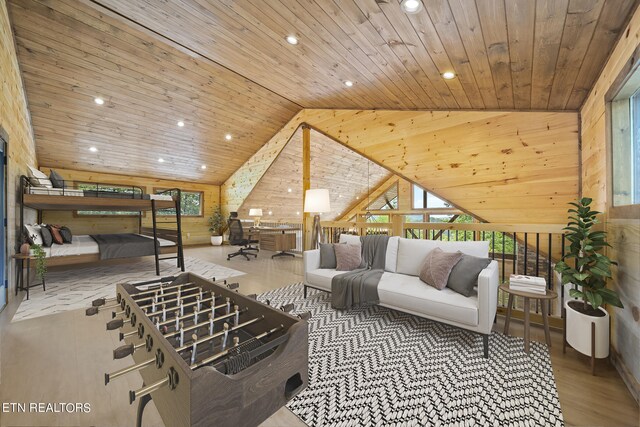 living room with hardwood / wood-style floors, high vaulted ceiling, wood walls, and wooden ceiling