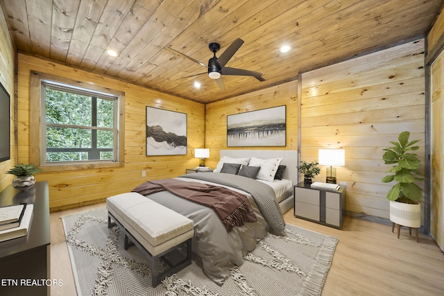 bedroom featuring wood ceiling, light hardwood / wood-style flooring, wood walls, and ceiling fan