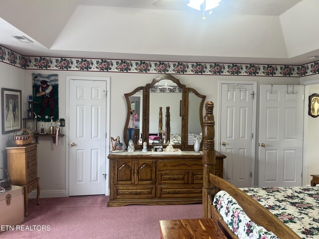 carpeted bedroom featuring a raised ceiling