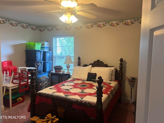 bedroom featuring carpet flooring and ceiling fan