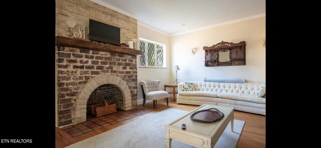 living room with wood-type flooring, a fireplace, and ornamental molding