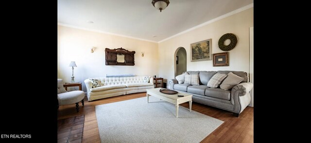 living room featuring crown molding and dark hardwood / wood-style flooring